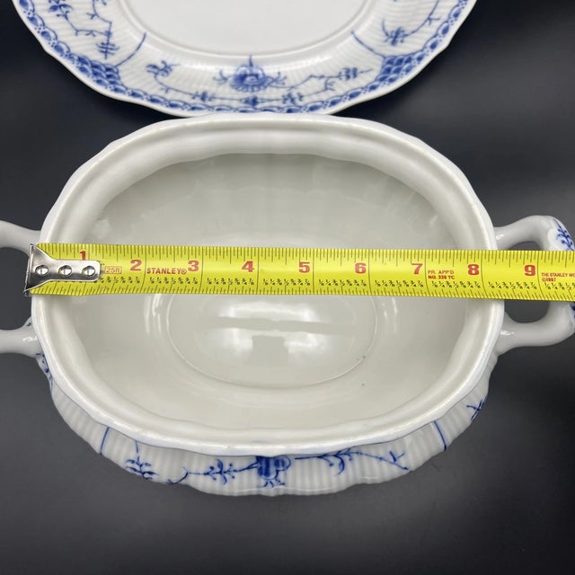 1990s Vintage Mid-Century Modern Royal Copenhagen Blue Fjord Blue Fluted Oval Serving Bowl W Underplate For Sale - Image 5 of 9