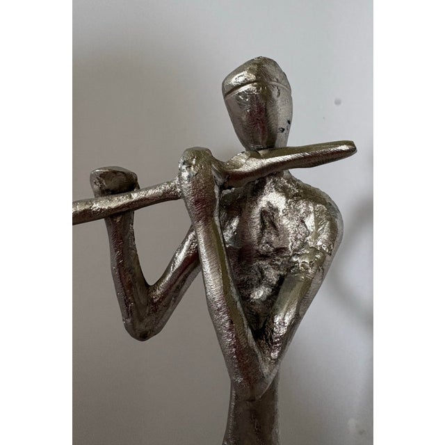 Modern Abstract Cast Aluminum Jazz Musician Sculptures, Set of 2, Silver Metal Figurines, Flute & Guitar Players Contemporary Music Decor 16” Statues For Sale - Image 9 of 12