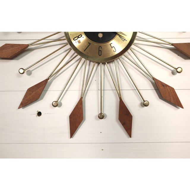 Mid-Century Modern Vintage Mid Century Welby Wood Starbust Wall Clock 50's 60's Modern Retro Gold For Sale - Image 3 of 8