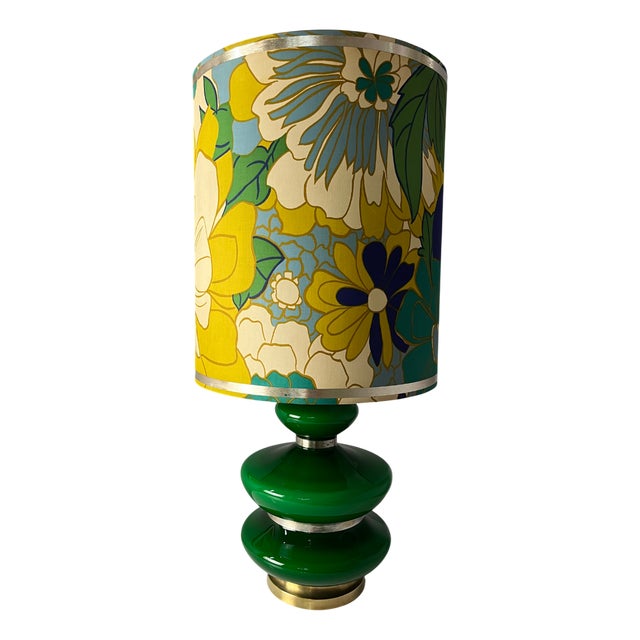 Green Table Lamp with Luminous Glass Base and Floral Shade from Doria For Sale