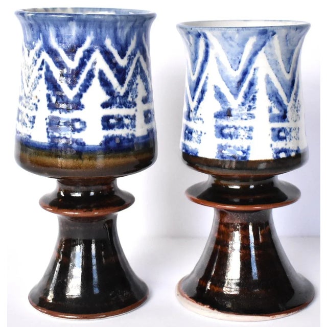 Blue Pair of His & Hers Art Pottery Ceramic Goblets For Sale - Image 8 of 8