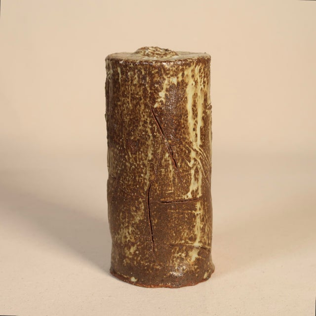 Vintage Wabi Sabi Earth Tone Tall Cylindrical Studio Pottery Bud Vase For Sale - Image 4 of 8