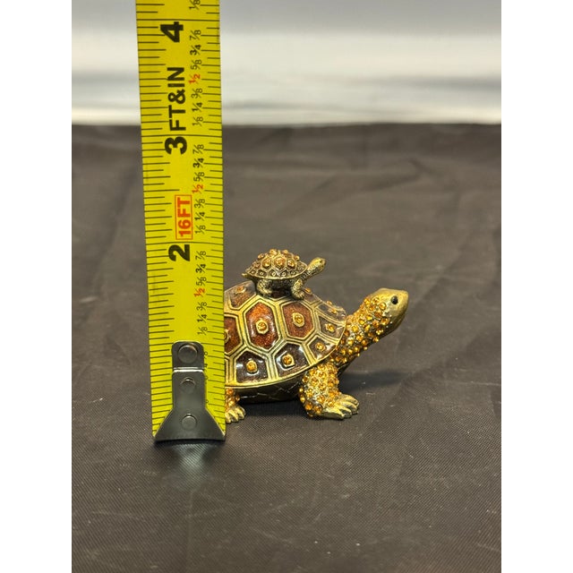 Bejeweled Turtle & Baby Trinket Box Enameled Crystal Goldtone Mother Child VTG For Sale - Image 10 of 10