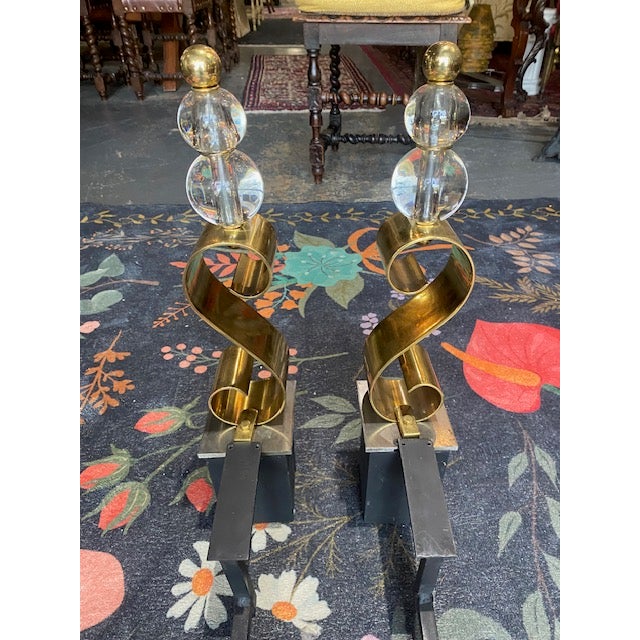 1930's Art Deco Brass and Stacked Lucite Ball Andirons Pair For Sale - Image 4 of 6