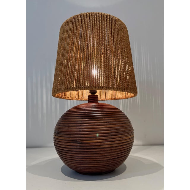 Mid-Century Modern 1970s Round Rattan Lamp with Rope Lampshade in the Style of Adrien Adoux Frida Minet For Sale - Image 3 of 12