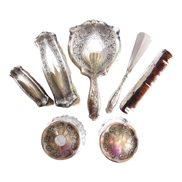 Antique Art Nouveau Sterling Silver Dresser Set - 7 Pieces For Sale