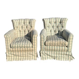 1920s Pair English Tufted Upholstered Diminutive Club Chairs on Casters For Sale