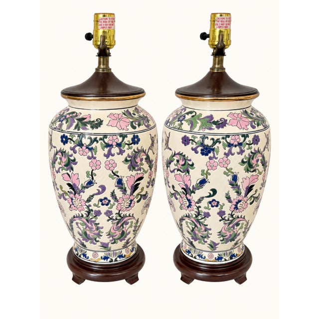 1970s Ornate Floral Ceramic Urn Table Lamps With Carved Wood Bases - a Pair For Sale - Image 4 of 13