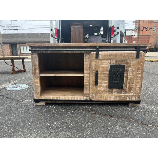 Industrial Sliding Door Media Cabinet in Reclaimed Style Wood For Sale In Philadelphia - Image 6 of 9