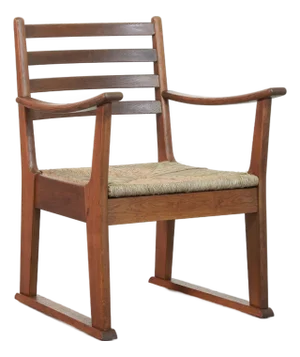 Brutalist Oak Armchair with Woven Rush Seat, 1940s