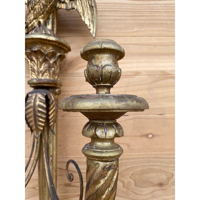 Early 20th Century Antique Italian Federal Style Figural Carved Gold Gilded Candle Wall Sconce - Pair For Sale - Image 5 of 9
