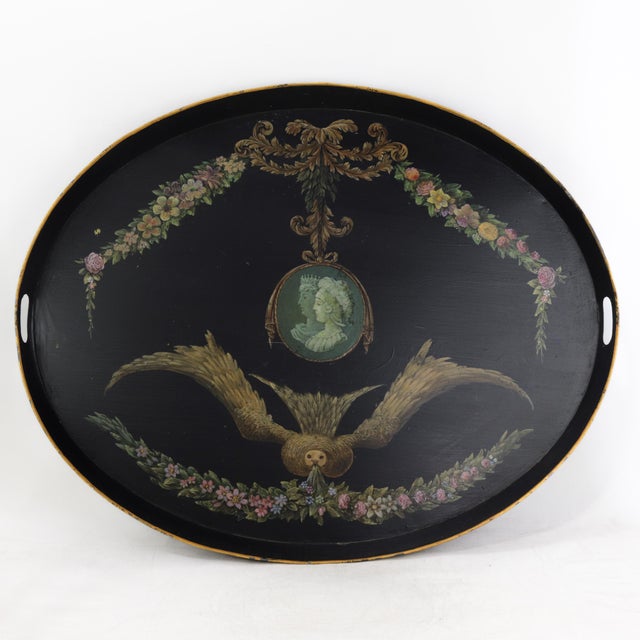 Vintage Hand Painted Tole Tray Black Lacquer With Classical Cameo Portrait and Golden Owl Motif For Sale - Image 18 of 18