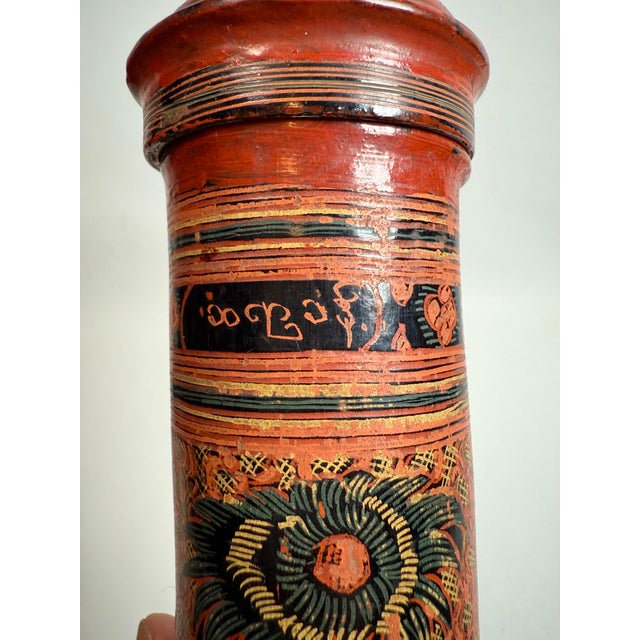 19th C Burmese Lacquered Bamboo Manuscript Tube W/ Inscription, Original Lid, 14” Sa Dauk For Sale In Los Angeles - Image 6 of 12