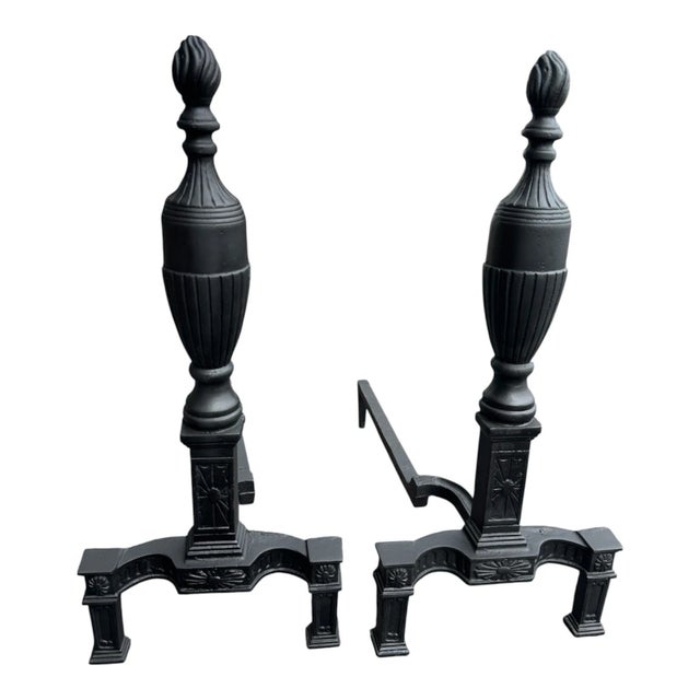 Neoclassical Pair of 1920s Neoclassical Cast Iron Fireplace Andirons With Urn Finials For Sale - Image 3 of 17