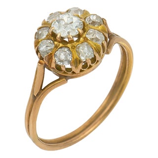 19th Century Victorian Old Mine Cut Diamond 18k Yellow Gold Cluster Ring, Size 6.75 For Sale