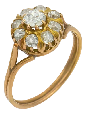 19th Century Victorian Old Mine Cut Diamond 18k Yellow Gold Cluster Ring, Size 6.75