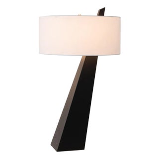 Obelisk Premium Quality Table Lamp, Black Oak, Satin Nickel, White Cotton-Linen Shade, Energy-Efficient Led Compatible For Sale