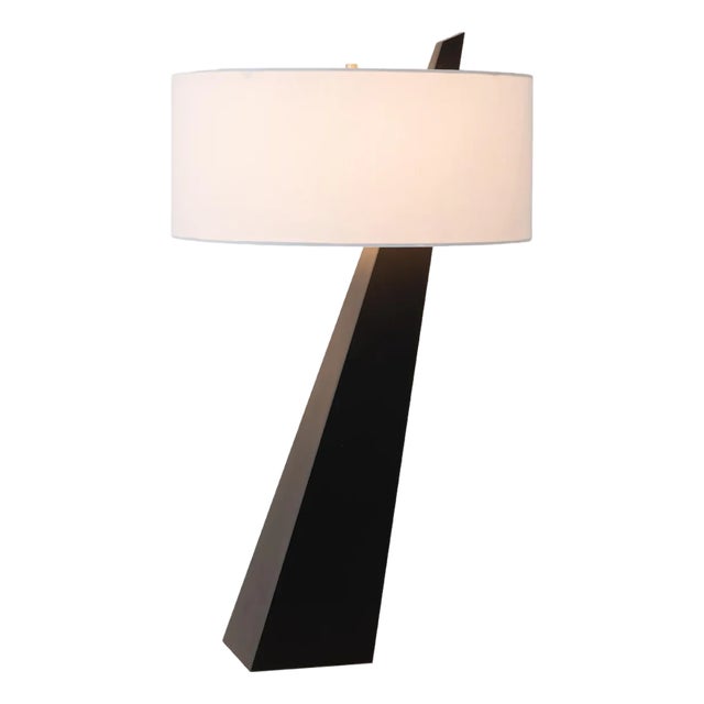 Obelisk Premium Quality Table Lamp, Black Oak, Satin Nickel, White Cotton-Linen Shade, Energy-Efficient Led Compatible For Sale
