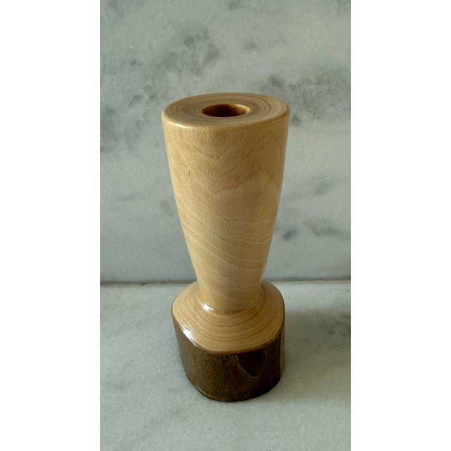 2000 - 2009 Pair of Vintage Handcrafted Turned Wood Candle Holders For Sale - Image 5 of 9