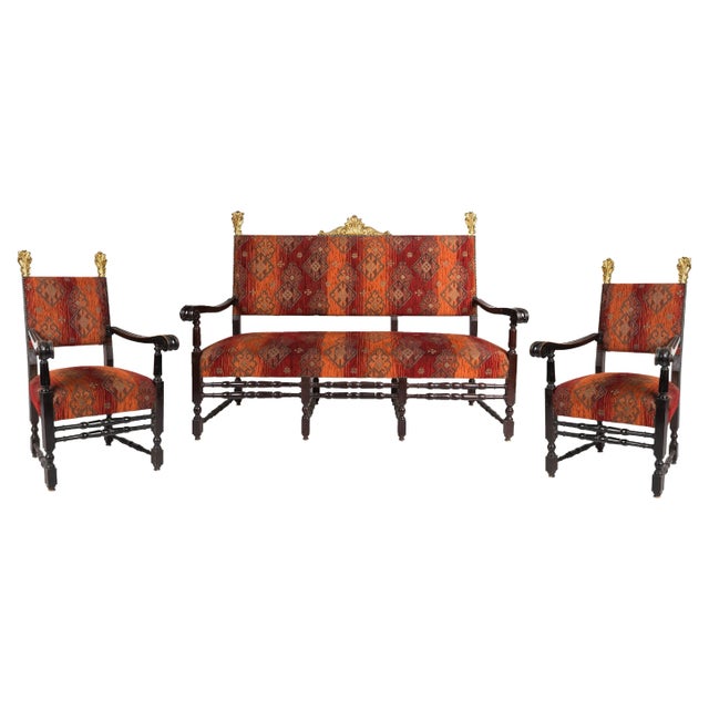 Neo-Renaissance Revival Carved Walnut Armchairs and Canape, 1900s, Set of 3 For Sale - Image 6 of 6