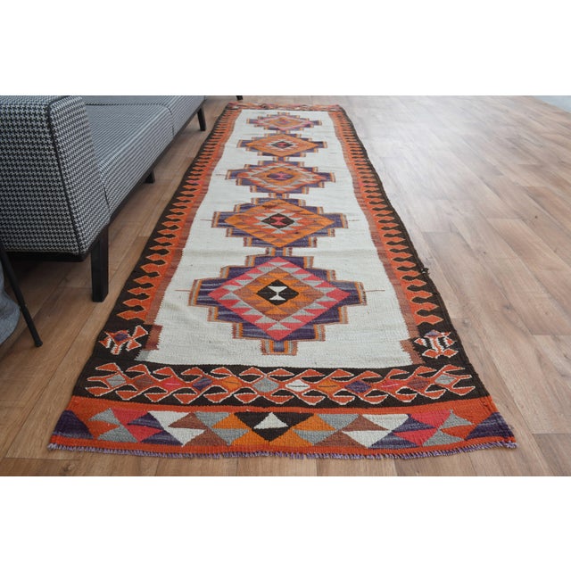 1970s Vintage Turkish Handmade Wool Cotton Cream Orange Runner Rug For Sale - Image 11 of 11