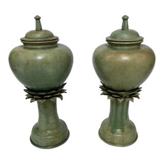 Vintage Green Ceramic Urn Jars – Pair For Sale