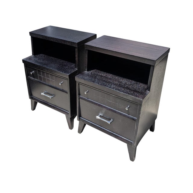 Pair of 1950's Ebonized Mid Century Modern Nightstands With Dual Drawers For Sale - Image 4 of 5