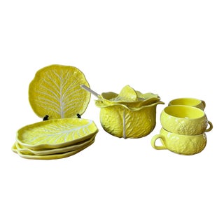 Yellow Cabbage Ware Soup and Salad Set, Portugal For Sale