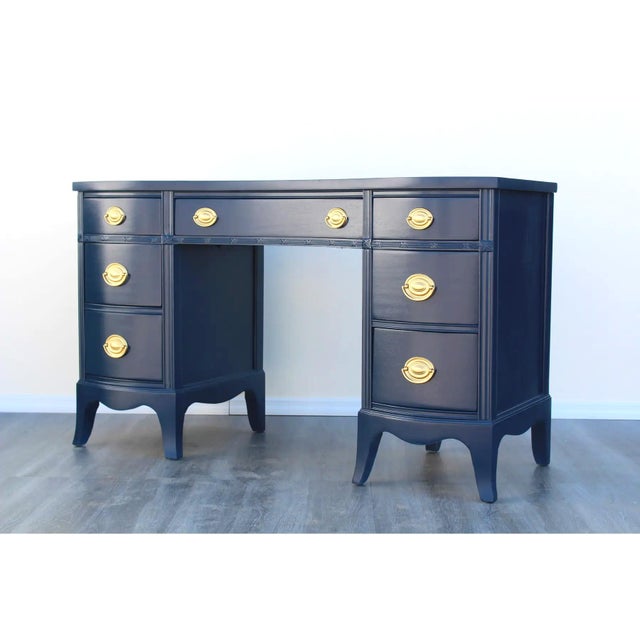 Vintage mahogany desk of five drawers This desk is solid built with dovetail joints. This desk is newly refinished in blue...