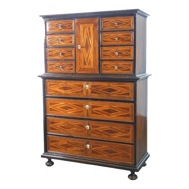 Inlaid Wooden Coin Cabinet, 1700s For Sale