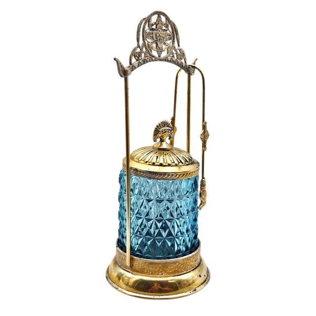 Late 19th Century Vintage Aesthetic Daisy Button Blue Glass Pickle Castor Gp Original Tongs 11" For Sale - Image 5 of 18