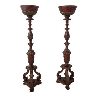 Pair Antique Wood Carved Rococo Torchiere Floor Lamps For Sale