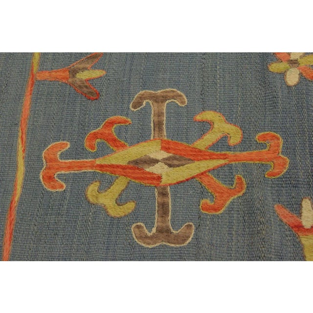 1990s Shabby Chic Embroidered Ikat Kilim Blue Wool Rug- 5′11″ × 8′ For Sale - Image 4 of 8