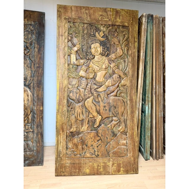 Vintage Hand-Carved Indian Deity Panel | Shiva & Goddess Wood Wall Art / Door Panel 84x41 For Sale - Image 10 of 11