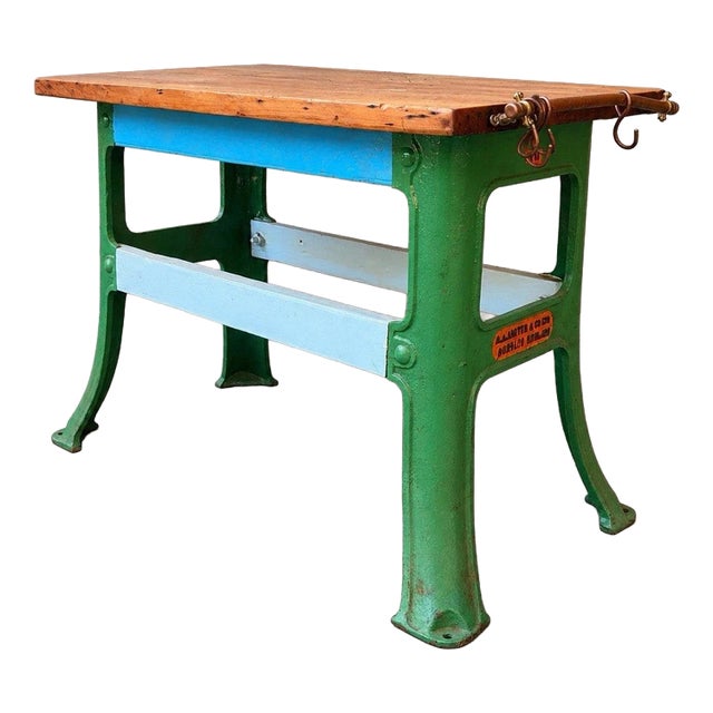 Vintage Industrial Pine Workbench with Cast Iron Base For Sale