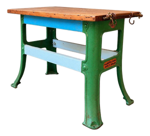 Vintage Industrial Pine Workbench with Cast Iron Base