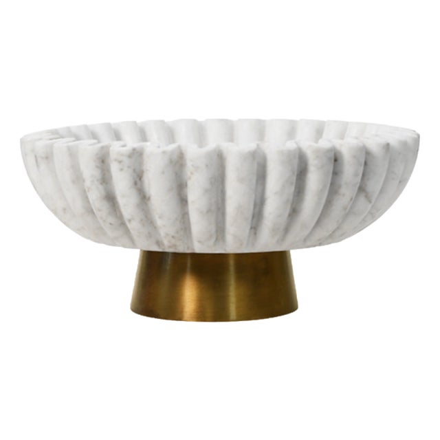 Matthew Izzo Home Augie White Marble Scalloped Bowl With Brass Base For Sale