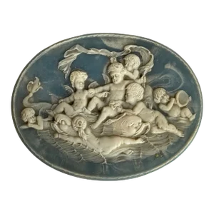 Vintage Neo Classical Cherubs Gathering Carved Blue White Alabaster Box