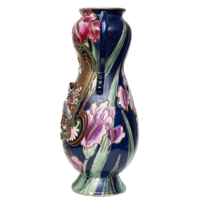 Rare extra large Japanese Satsuma Vase with two handles, gilded, with raised relief and superb carving, depicting on the...