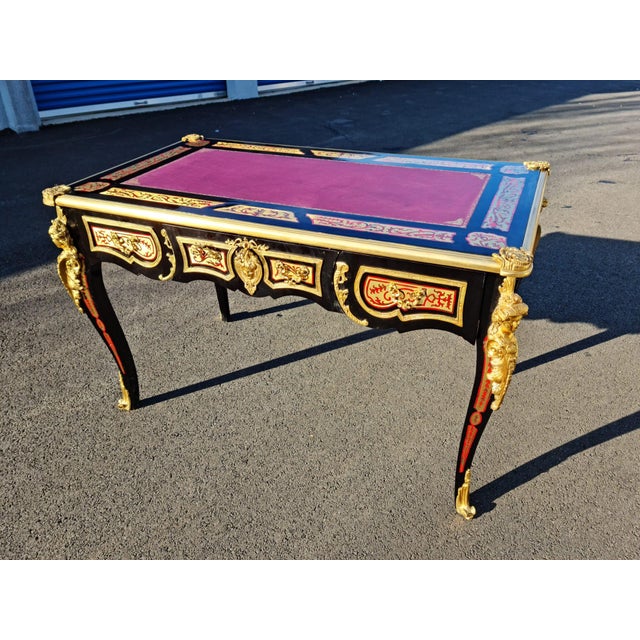 Boulle Style Writing Desk/ Table Bureau Plat French Style Marquetry Inlay With Burgundy Faux Leather on the Top For Sale - Image 10 of 12