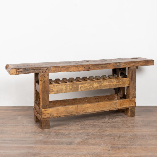 ​​​​​​​Rustic Antique Carpenters Workbench Console Table With Wine Rack From France For Sale - Image 14 of 14