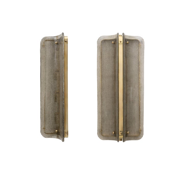 Curved Smoked Ribbed Murano Glass and Brass Wall Sconces, 2000, Set of 2 For Sale - Image 9 of 9