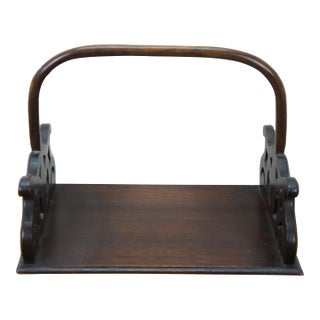 Mahogany Pierced Scrolled Magazine Holder Book Tray W Bentwood Handle 15" For Sale