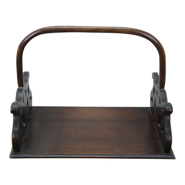 Mahogany Pierced Scrolled Magazine Holder Book Tray W Bentwood Handle 15" For Sale