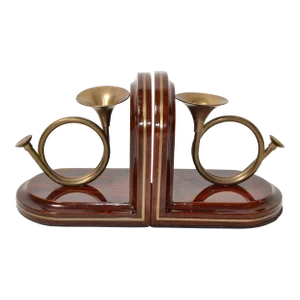 1980s Pair of Brass French Horn Trumpet Bookends Mahogany Wood Base Musical Instrument