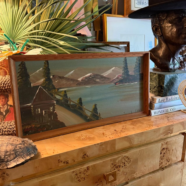 Mid-Century Folk Art Mountain Cabin Landscape Oil Painting in Walnut Frame For Sale - Image 10 of 11