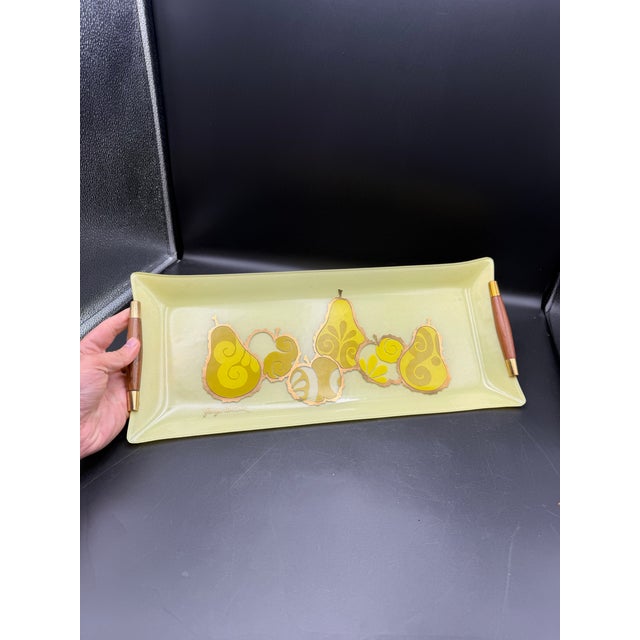 Beautiful vintage Georges Briard curved glass serving tray featuring a bold Mid-Century Modern pear and fruit design in...