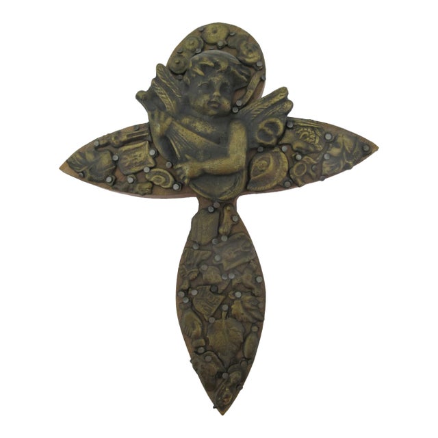 Mexican Milagros Wood Folk Art Cross With Cherub Guardian Angel & Charms For Sale