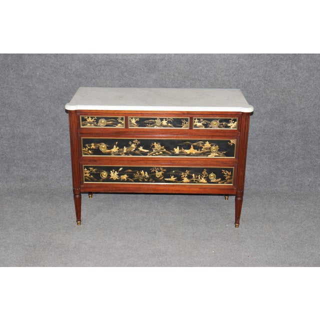 Maison Jansen Signed Maison Jansen Brass Mounted Chinoiserie Marble Top Louis XVI Commode For Sale - Image 4 of 14