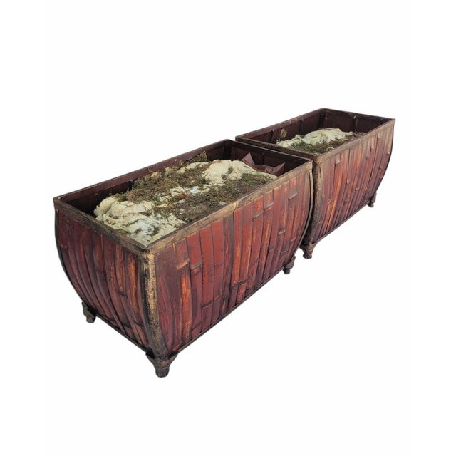 Sienna 1990s Massive Bamboo Metal Elongated Coastal Regency Planters Troughs-a Pair For Sale - Image 8 of 9
